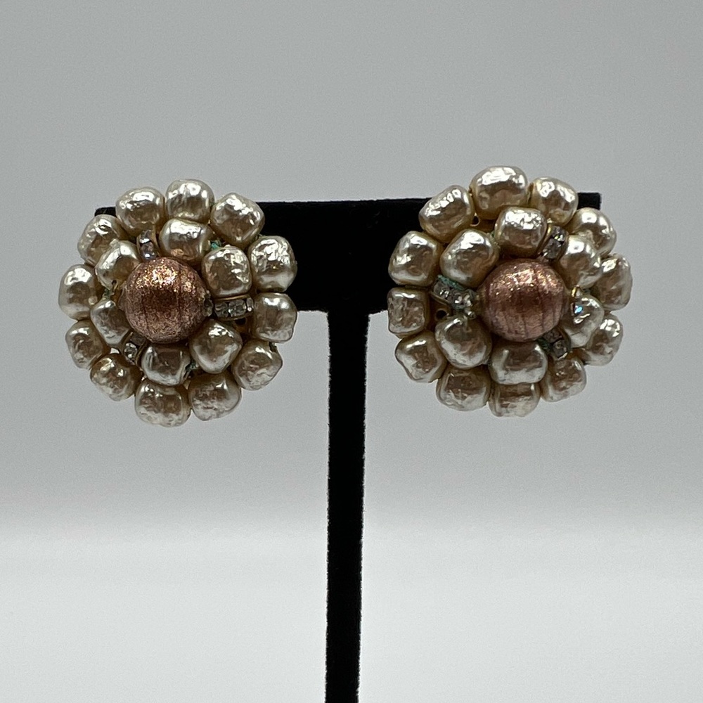 Trifari Pearl & Rhinestone Clip-On Earrings